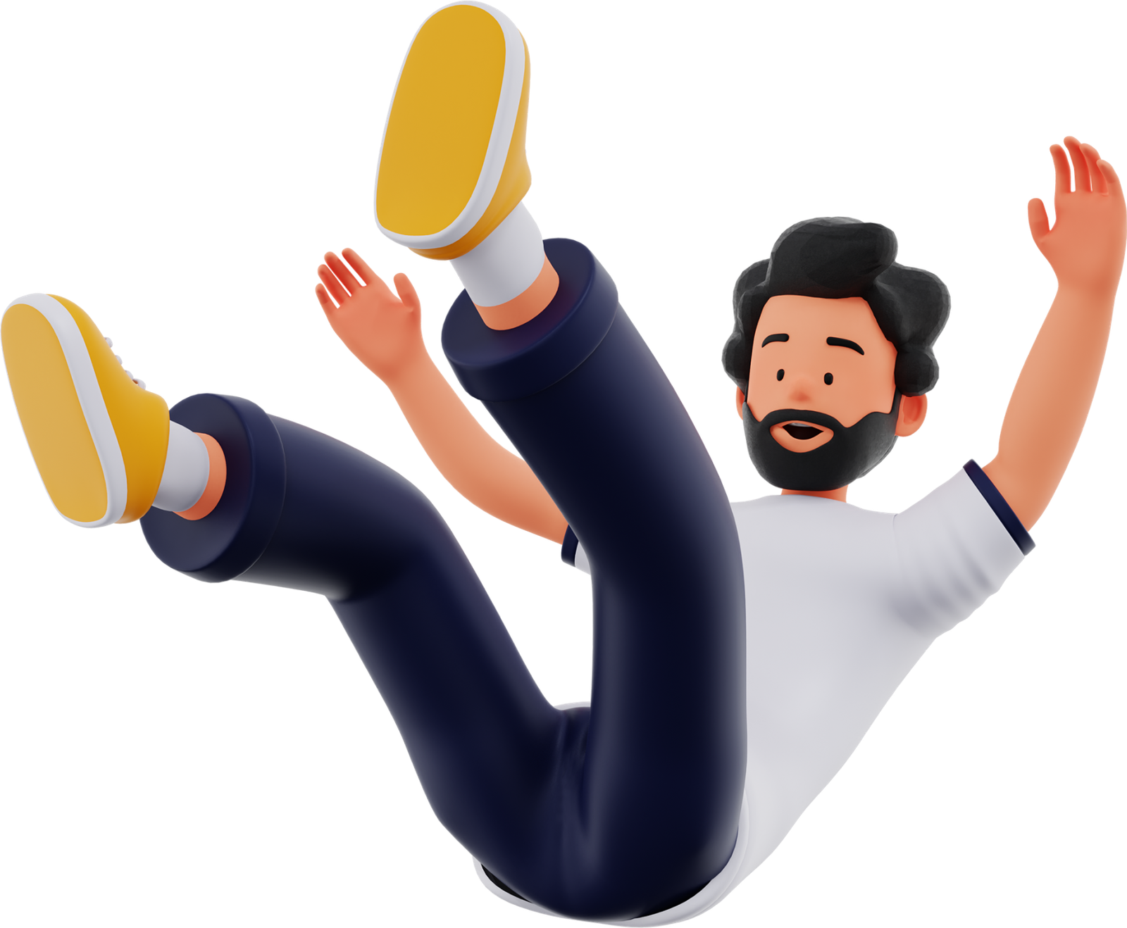 3D illustration of a bearded man falling backward with raised arms and legs, isolated on a transparent background.