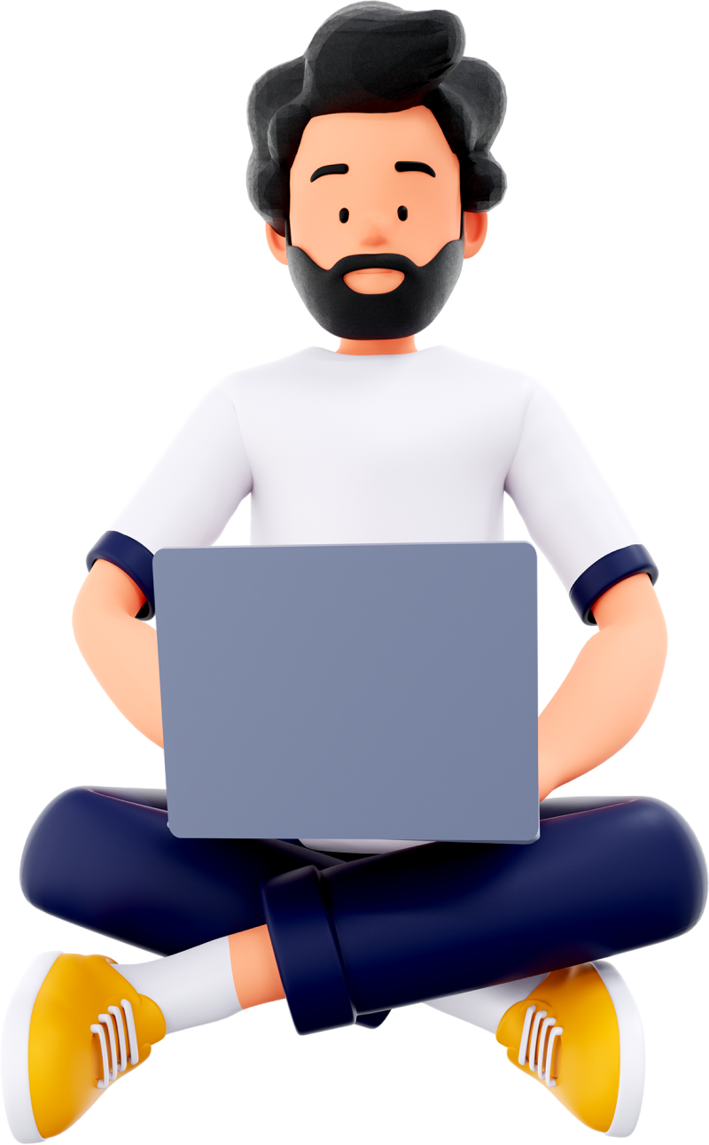 3D illustration of a bearded man sitting cross-legged with a laptop on his lap, isolated on a transparent background.