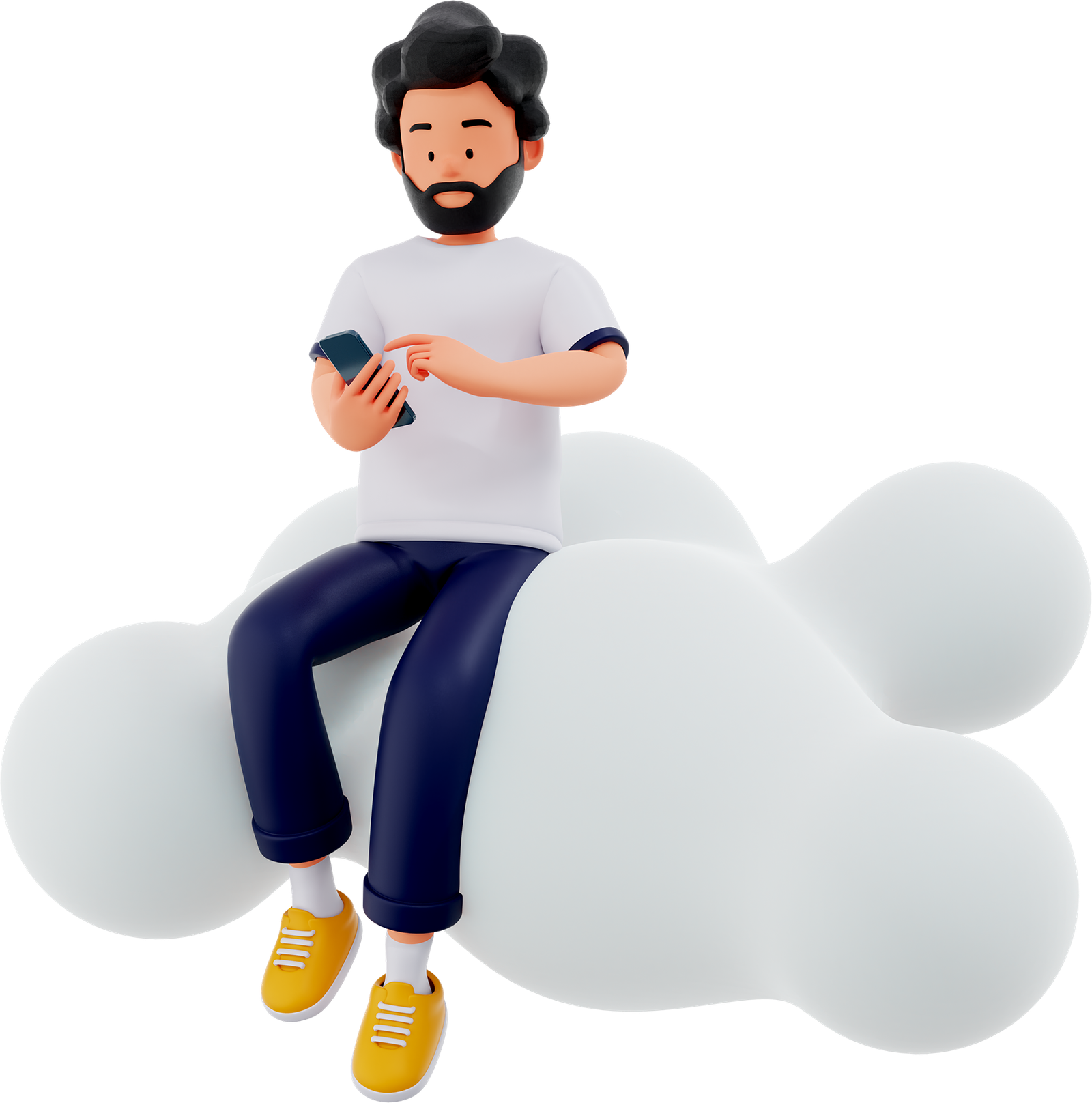 3D illustration of a bearded man sitting on a cloud using a smartphone, isolated on a transparent background.