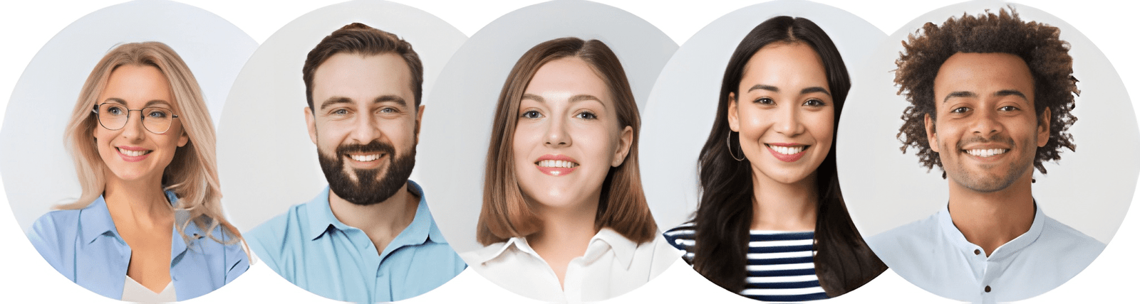 Group of five diverse smiling professionals in circular portrait frames against light backgrounds.